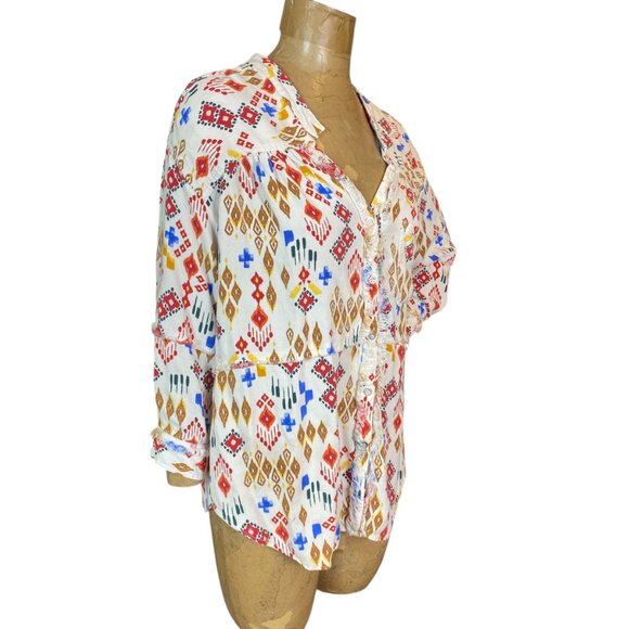 Blue B Button-Up Blouse Geometric Western Ikat Sz M #237K - Picture 4 of 9